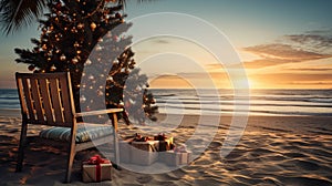 Generative AI, Christmas on the beach. Gifts, Christmas tree, palm, ocean