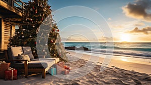 Generative AI, Christmas on the beach. Gifts, Christmas tree, palm, ocean