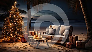 Generative AI, Christmas on the beach. Gifts, Christmas tree, palm, ocean