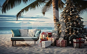 Generative AI, Christmas on the beach. Gifts, Christmas tree, palm, ocean