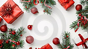 Generative AI Christmas composition Gifts fir tree branches red decorations on white background Christmas winter n