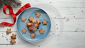 Generative AI Christmas composition layout with ginger cookies in form of stars in blue plate with red ribbon fir