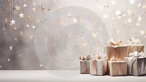 Generative AI, Christmas or New Year minimalistic background with gift boxes, silver and golden bokeh lights