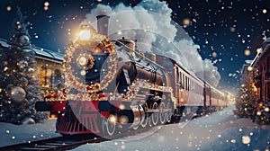 Generative AI, Christmas train, vintage steam locomotive with Xmas decoration