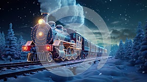 Generative AI, Christmas train, vintage steam locomotive with Xmas decoration