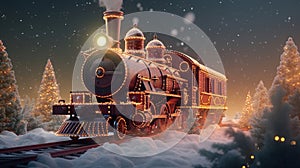 Generative AI, Christmas train, vintage steam locomotive with Xmas decoration