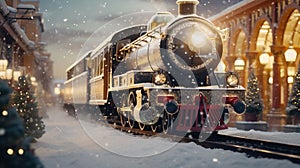 Generative AI, Christmas train, vintage steam locomotive with Xmas decoration