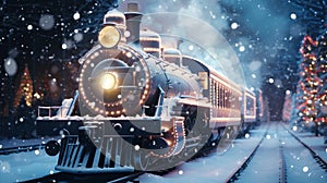 Generative AI, Christmas train, vintage steam locomotive with Xmas decoration