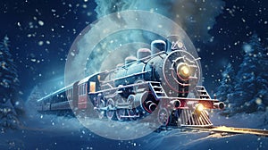 Generative AI, Christmas train, vintage steam locomotive with Xmas decoration