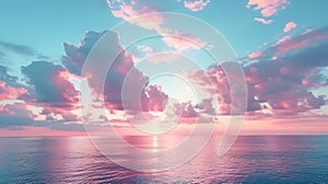 Generative AI Cirrus clouds tinted pink by the sun at sunset over a calm blue ocean business concept.
