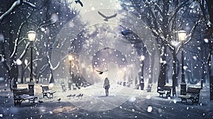 Generative AI City park in winter with heavy snowfall Woman walks down the street and flying birds in the snow sto