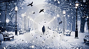 Generative AI City park in winter with heavy snowfall Woman walks down the street and flying birds in the snow sto