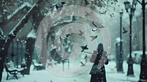 Generative AI City park in winter with heavy snowfall Woman walks down the street and flying birds in the snow sto