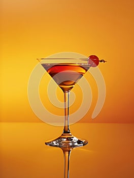Generative AI. Classic Cocktail Served in a Martini Glass With Cherry Garnish Against a Warm Orange Backdrop