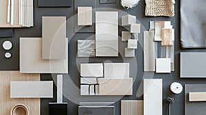 Generative AI Classic  flat lay composition in grey and beige color palette with textile and paint samples lamella