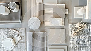Generative AI Classic  flat lay composition in grey and beige color palette with textile and paint samples lamella photo