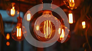 Generative AI Classic sphere lighting bulbs are glowing in orange warming shade there are hanging from ceiling in