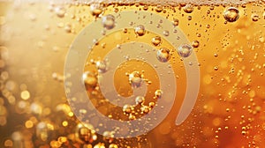 Generative AI Close up background texture of pouring lager beer with bubbles and froth in frosty glass with drops