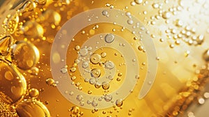 Generative AI Close up background texture of pouring lager beer with bubbles and froth in frosty glass with drops