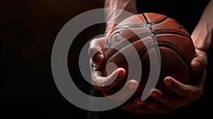 Generative AI Close up of basketball ball in athlete hands isolated on black background with copy space business c