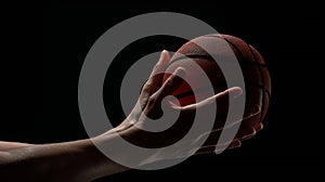 Generative AI Close up of basketball ball in athlete hands isolated on black background with copy space business c