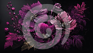 Generative AI, Close up of blooming flowerbeds of amazing viva magenta flowers on dark moody floral textured background.