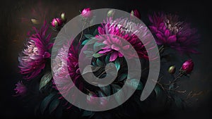 Generative AI, Close up of blooming flowerbeds of amazing viva magenta flowers on dark moody floral textured background.