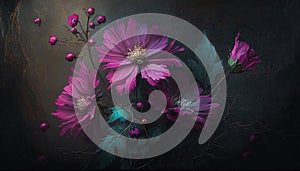 Generative AI, Close up of blooming flowerbeds of amazing viva magenta flowers on dark moody floral textured background.