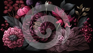 Generative AI, Close up of blooming flowerbeds of amazing viva magenta flowers on dark moody floral textured background.