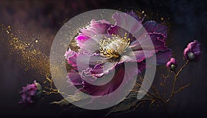 Generative AI, Close up of blooming flowerbeds of amazing viva magenta flowers on dark moody floral textured background with