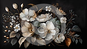 Generative AI, Close up of blooming flowerbeds of amazing white and golden flowers on dark moody floral textured background. photo