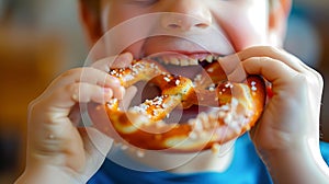 Generative AI Close up of boy eating a soft homemade pretzel business concept.