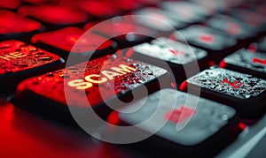 Close-up of a bright red 'SCAM' alert button on a computer keyboard, symbolizing the importance of cybersecurity