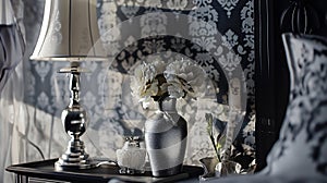 Generative AI Close up detail view of a home bedroom bedside table with an elegant silver lamp and decorative vase