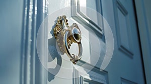 Generative AI Close up of a door knocker on a white door business concept.