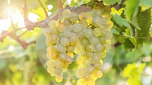 Generative AI Close up of grapes hanging on branch Hanging grapes Grape farming Grapes farm Tasty green grape bunc
