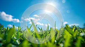 Generative AI Close up of green lawn on a sunny day Blue sky on the background Selective focus business concept.