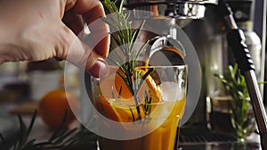 Generative AI Close up Hand holding rosemary leaf slice orange making a cup of orange juice black iced coffee home