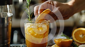 Generative AI Close up Hand holding rosemary leaf slice orange making a cup of orange juice black iced coffee home