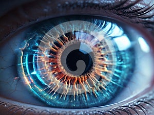 Generative AI, close up photo of human eye cornea with charming gaze, very beautiful blue eyeballs photo