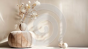 Generative AI Close up of minimalistic composition at living room with brwon velur pouf pillows flowers and elegan