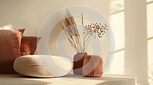 Generative AI Close up of minimalistic composition at living room with brwon velur pouf pillows flowers and elegan