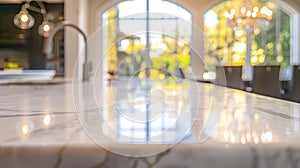 Generative AI Close up photo of contemporary kitchen island with marble table top with kitchen blurry loose focal