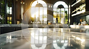 Generative AI Close up photo of contemporary kitchen island with marble table top with kitchen blurry loose focal