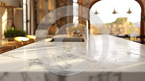 Generative AI Close up photo of contemporary kitchen island with marble table top with kitchen blurry loose focal