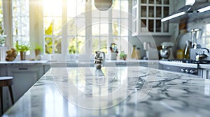 Generative AI Close up photo of contemporary kitchen island with marble table top with kitchen blurry loose focal