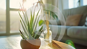 Generative AI close up of reed diffuser and house plant aloe vera on wooden table in bright living room with scand