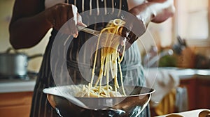 Generative AI Close up of unrecognizable black woman mixing pasta in bowl while cooking in cozy kitchen copy space