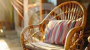 Generative AI Close up view of rattan armchair with cushions in bohemian style living room Concept of bamboo furni