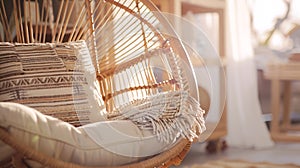 Generative AI Close up view of rattan armchair with cushions in bohemian style living room Concept of bamboo furni